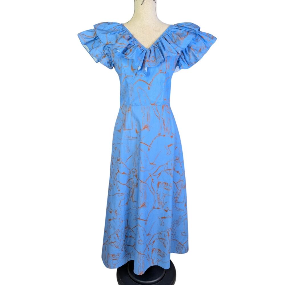 Deloreta Blue Ruffle Midi Dress Horse Print Cotton Poplin Peru M